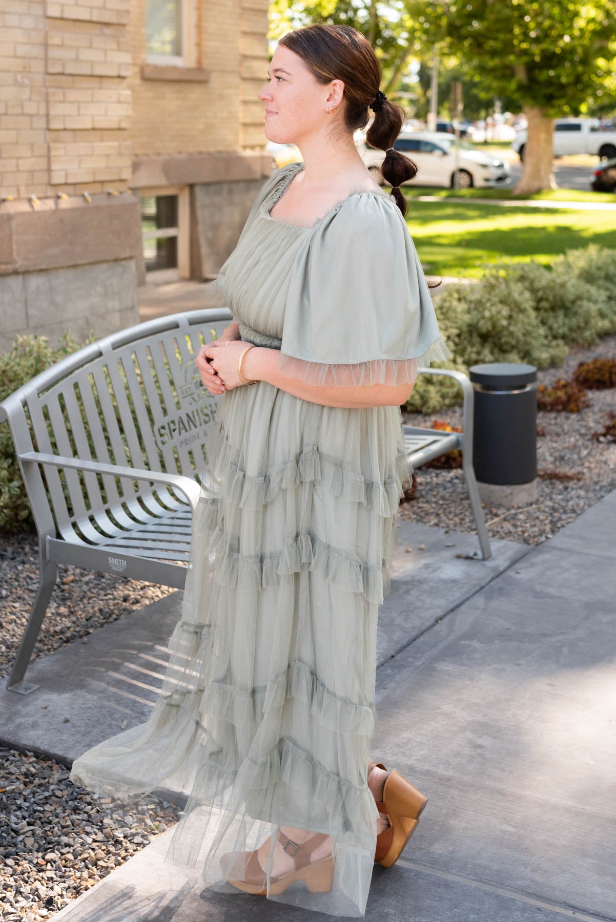 Side view of the plus size sage maxi dress