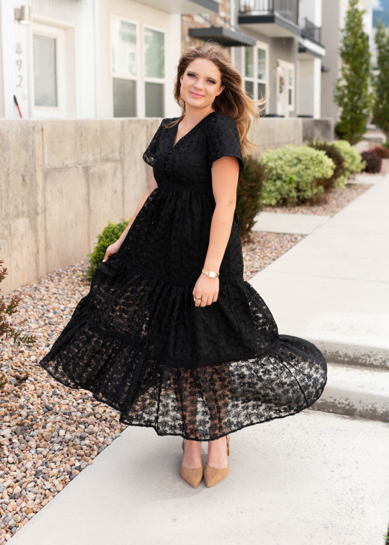 Black floral lace dress with short sleeves