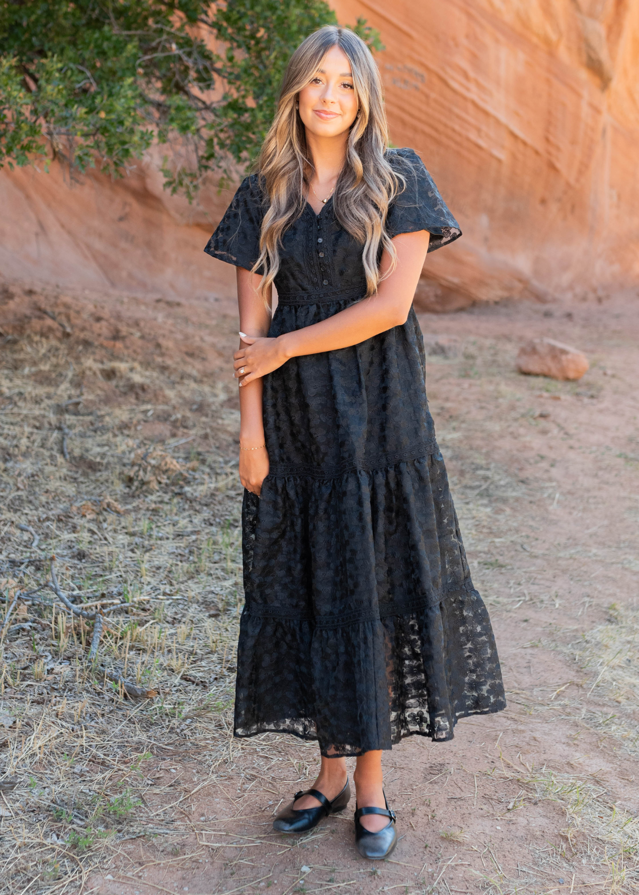 Black floral lace dress with short sleeves