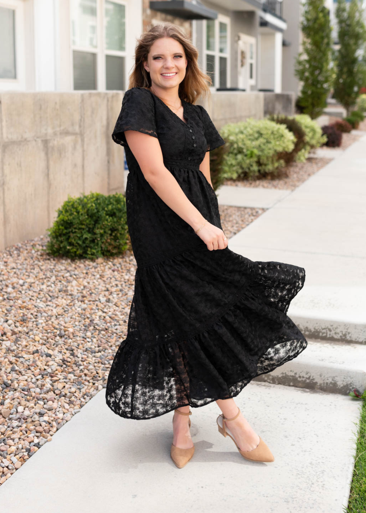 Short sleeve black floral lace dress