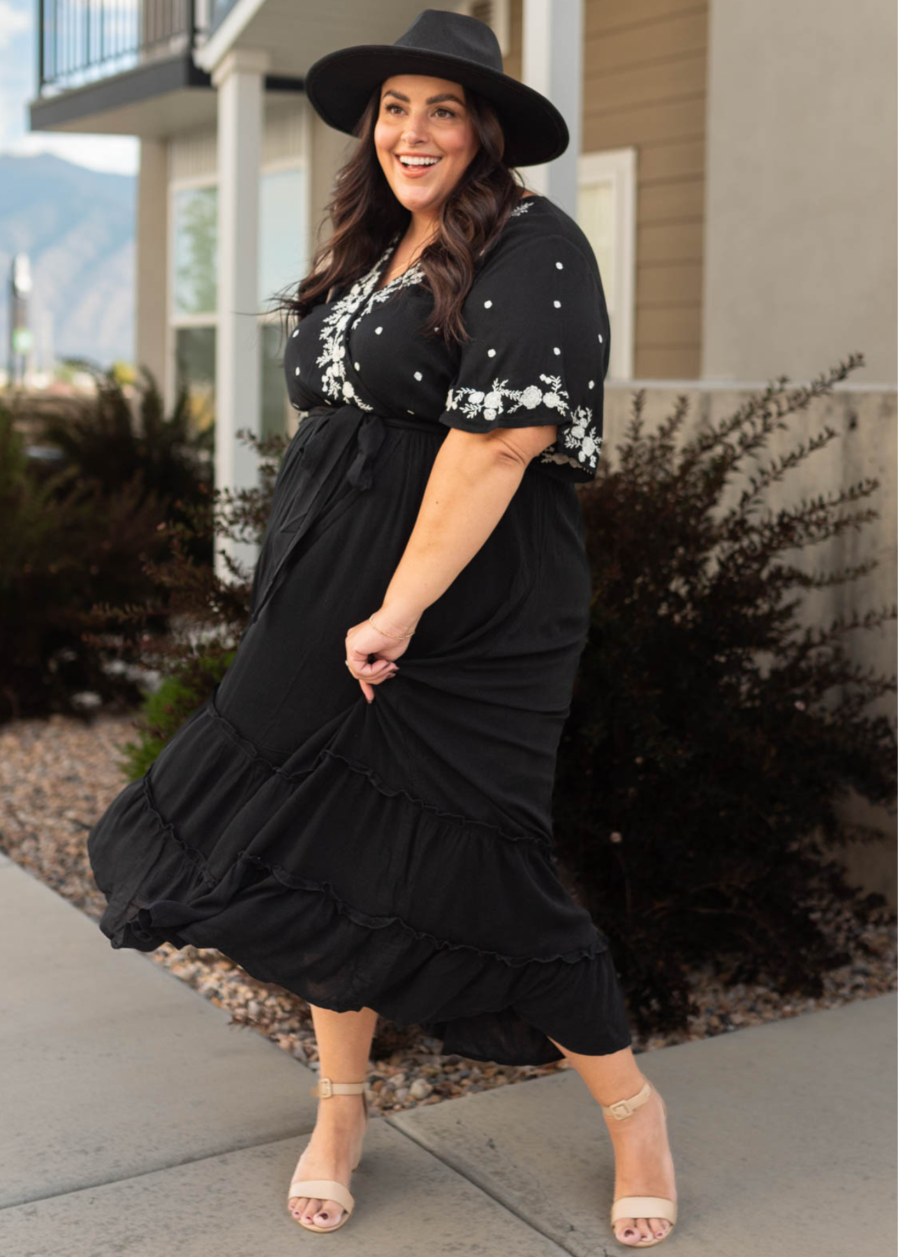 High waisted black floral dress