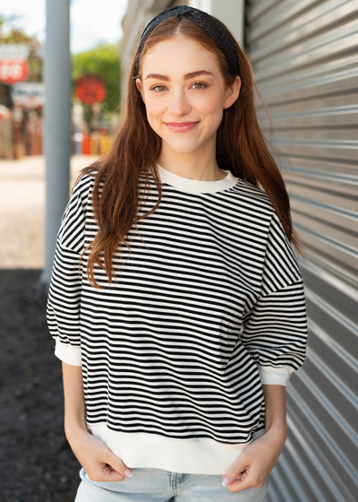 White and black stripe top