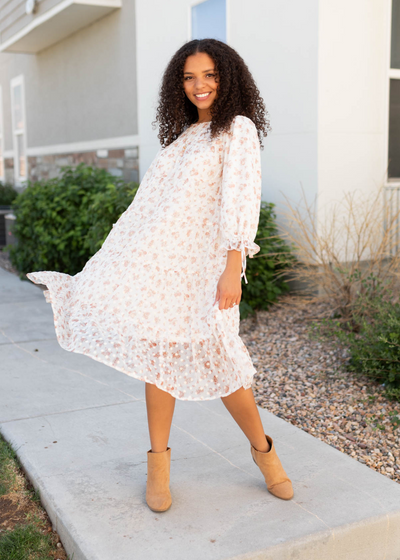 Long sleeve cream foral dot dress