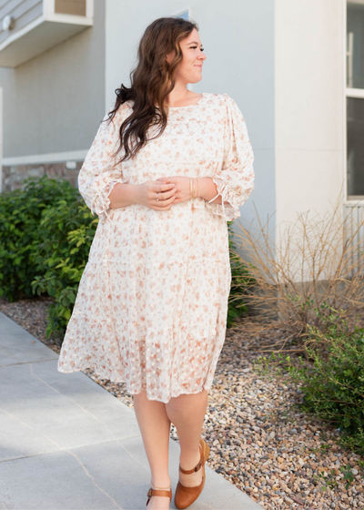 Tiered plus size cream floral dot dress