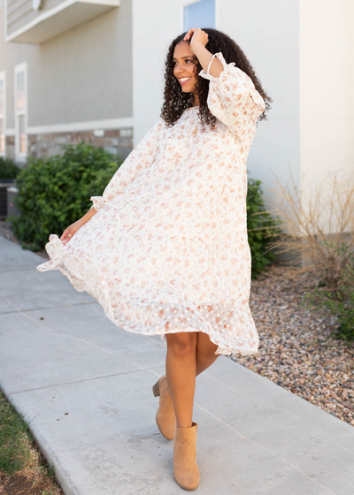 Cream floral dot dress with long sleeves