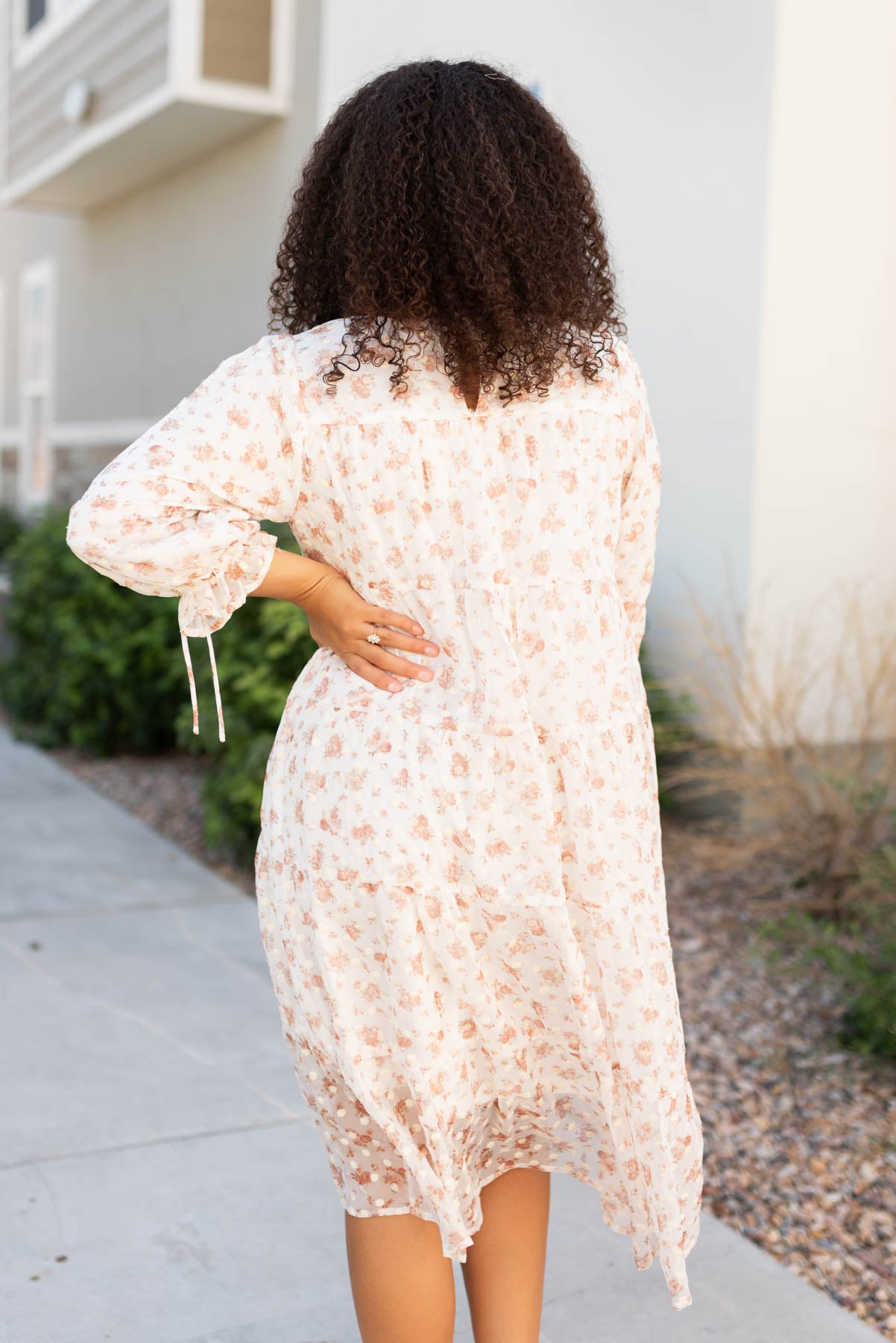 Back view of the cream floral dot dress