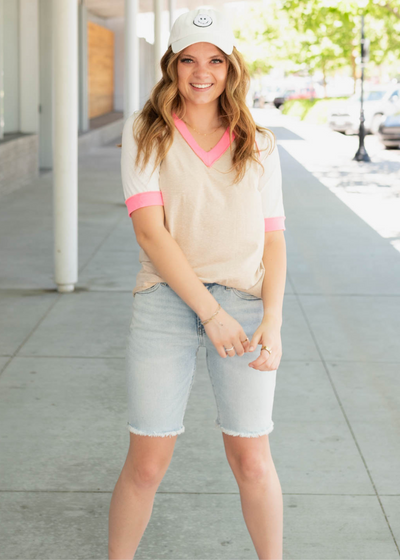 Short sleeve taupe pink color block top