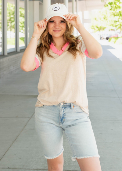 Taupe pink color block top