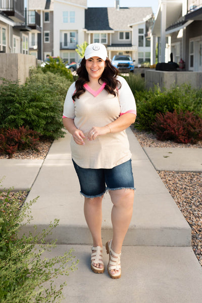 Plus size taupe pink color block top with pink trim