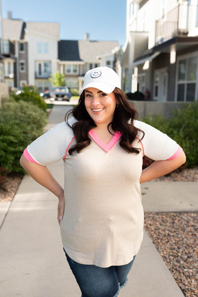 Plus size taupe pink color block top with short sleeves