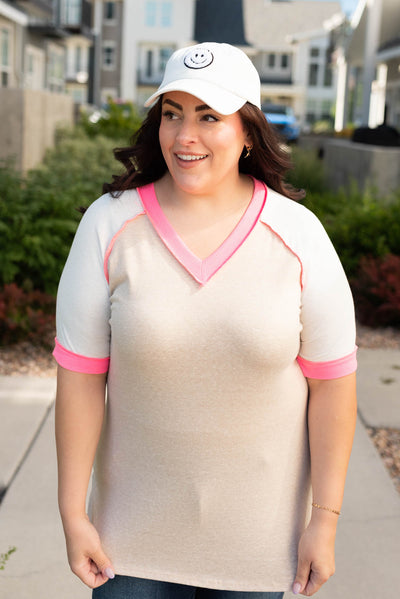 Short sleeve plus size taupe pink color block top