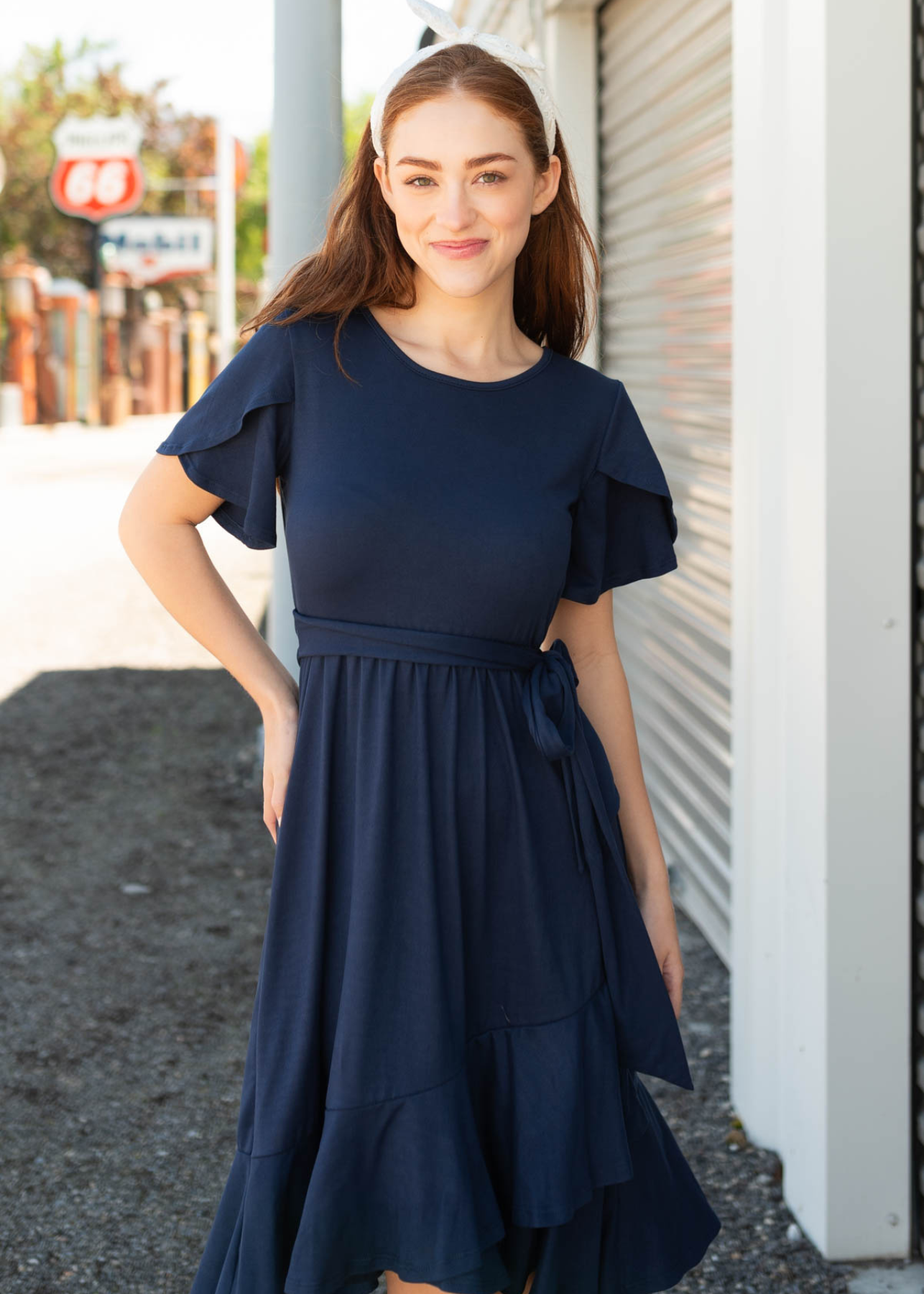 Short sleeve navy ruffle tie dress