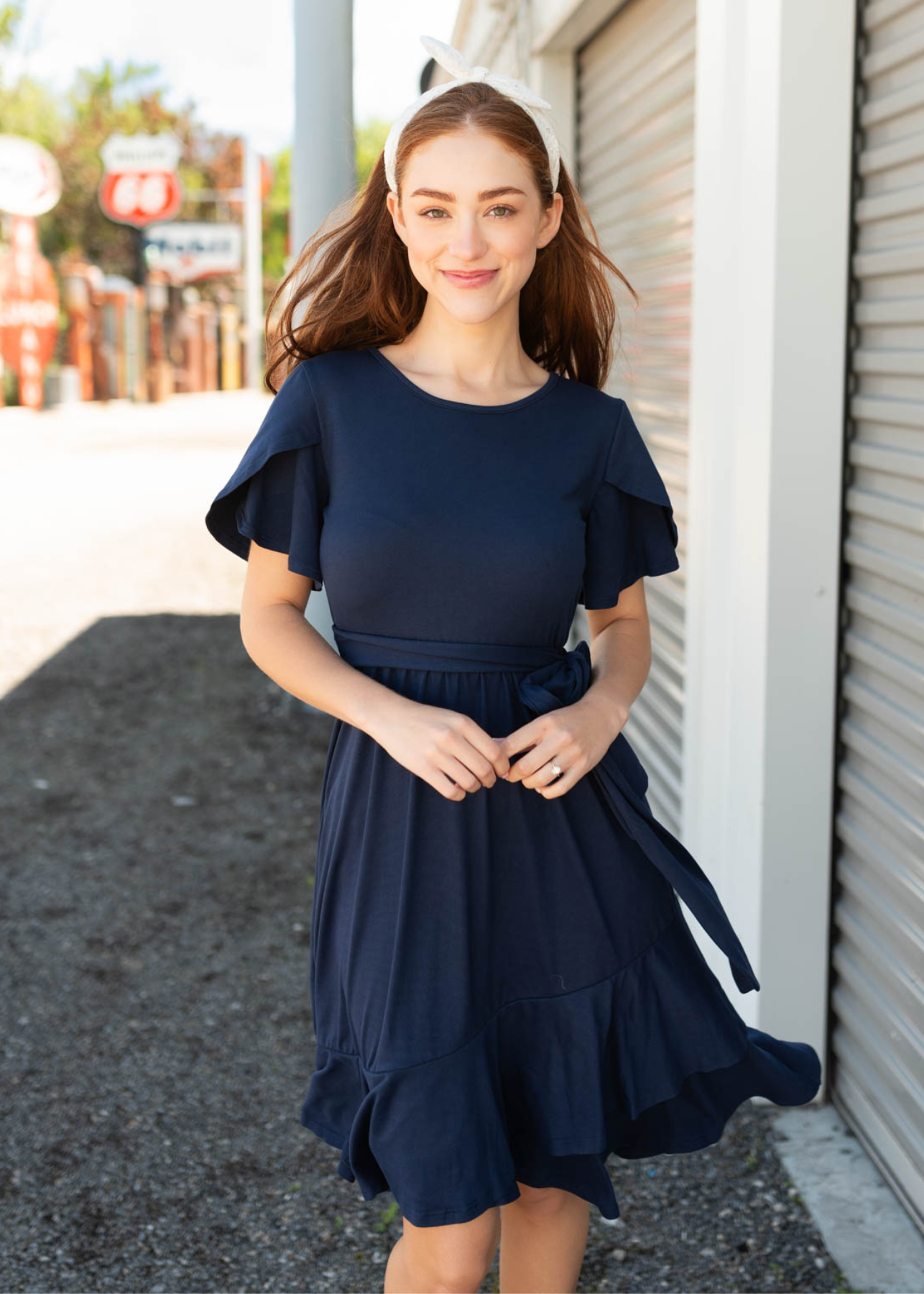 Navy ruffle tie dress