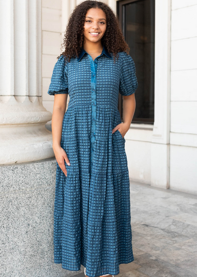 Front view of the legion blue gingham dress