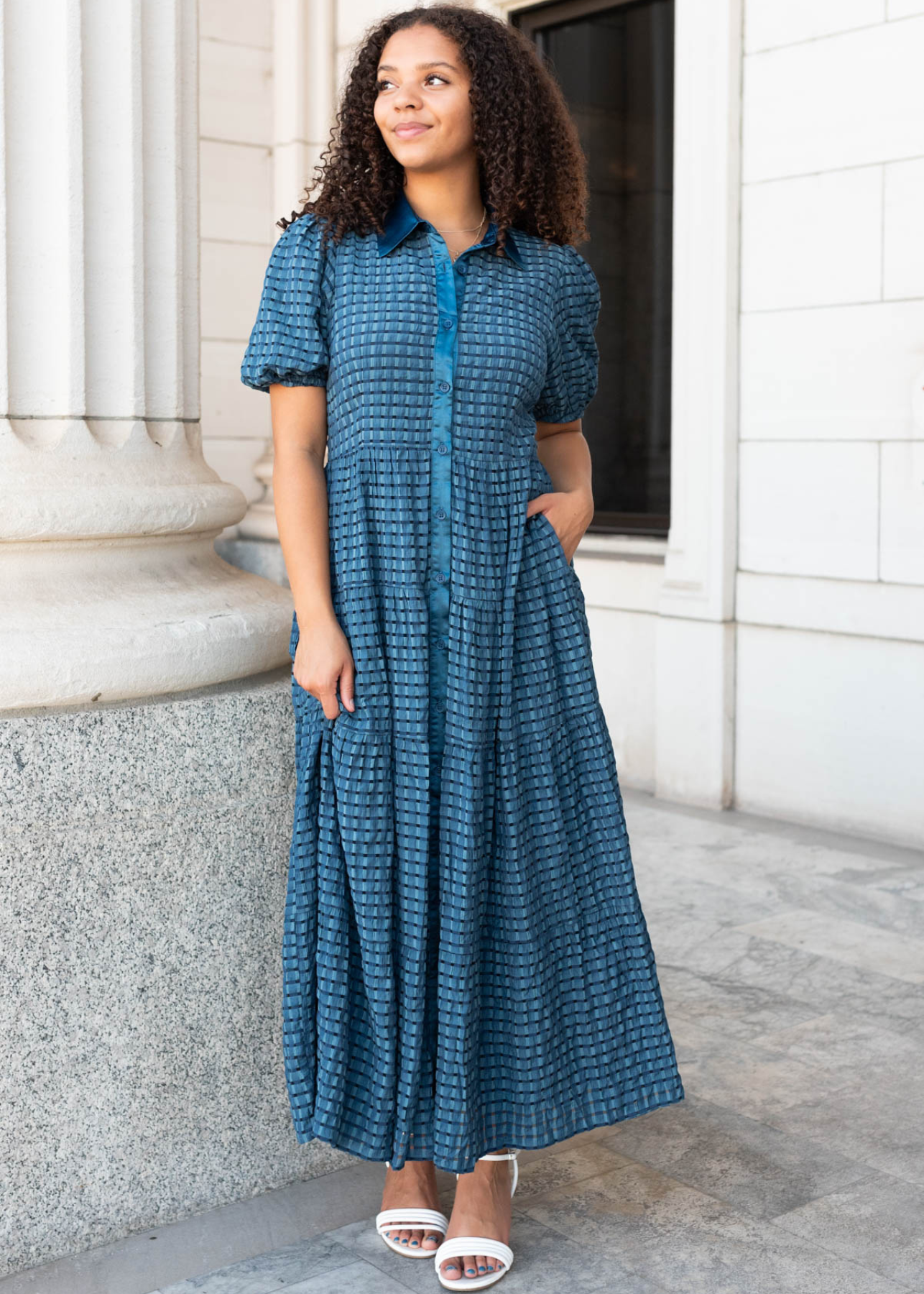 Legion blue gingham dress with satin trim