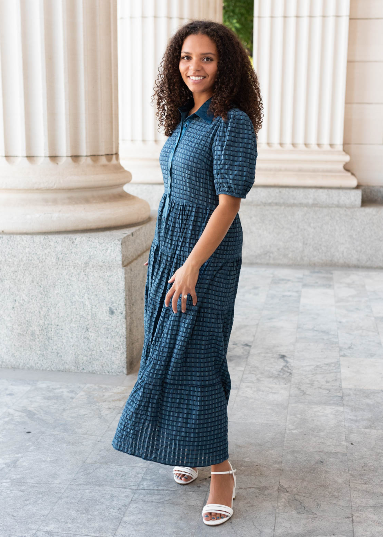 Side view of the small leigon blue gingham dress