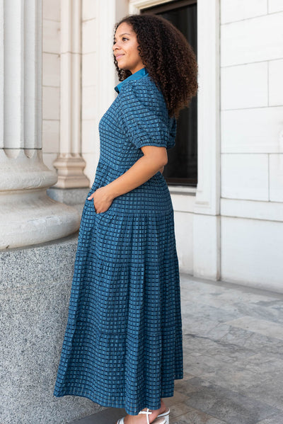 Side view of the legion blue gingham dress