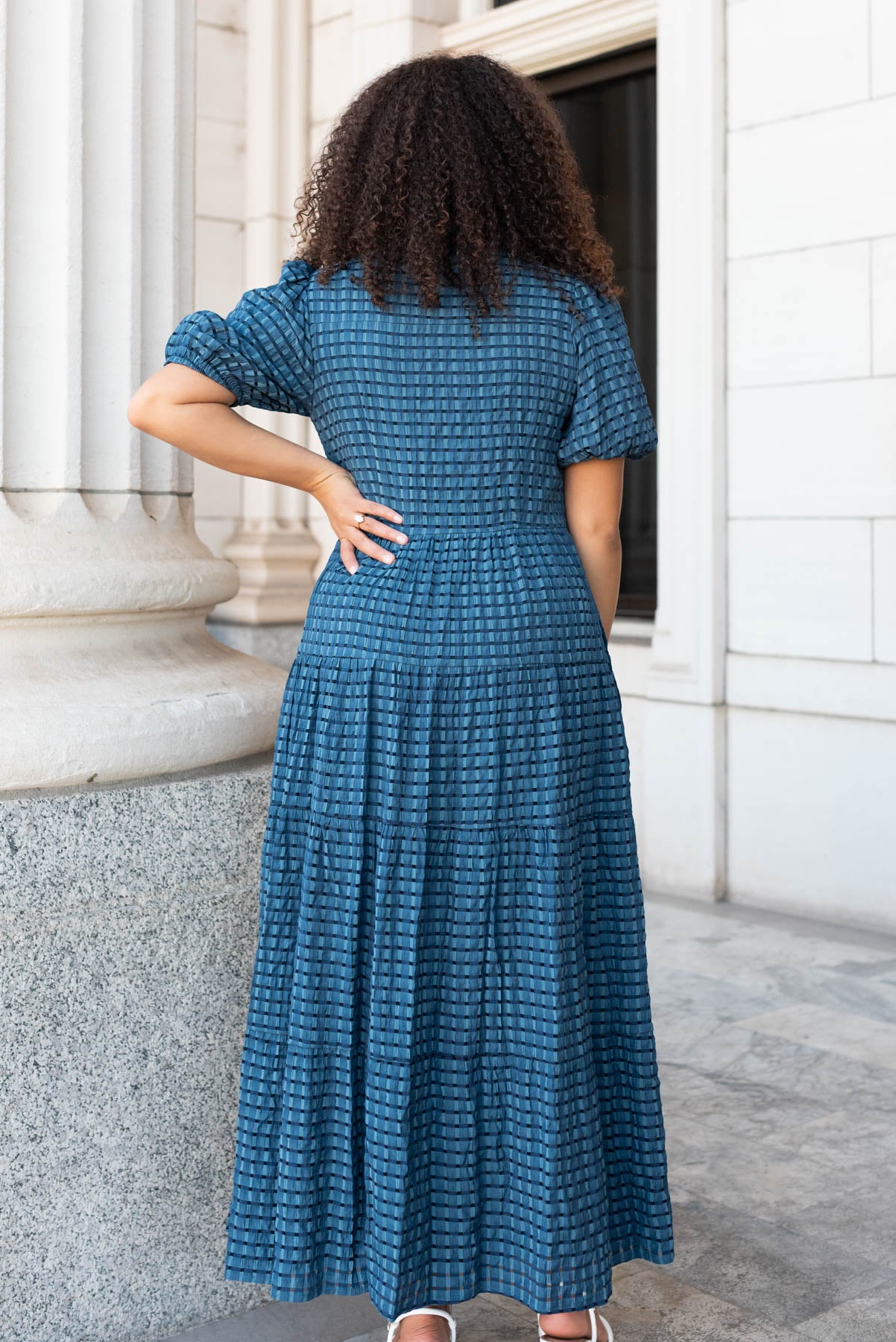 Back view of the legion blue gingham dress