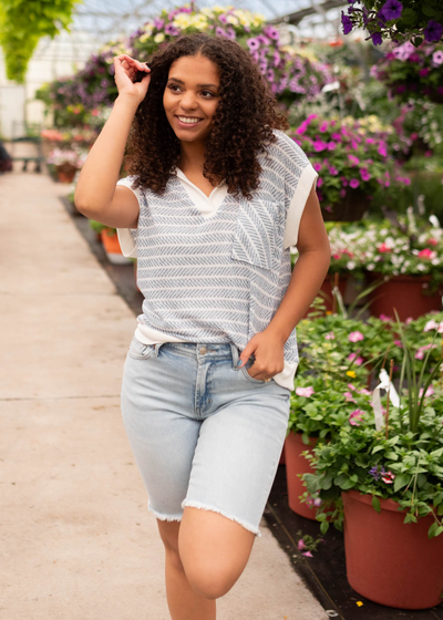 Short sleeve blue striped vneck top