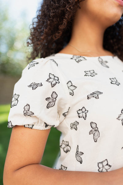 Close up of the sleeve and fabric on the white black floral dress