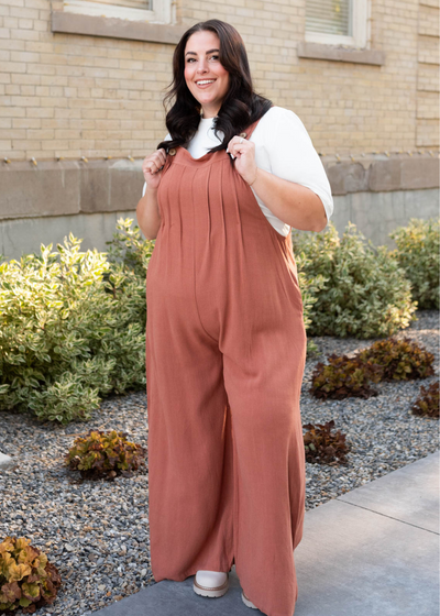 Plus size rust wide leg overalls