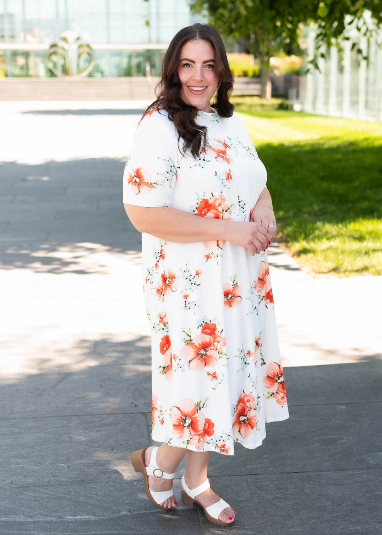 Short sleeve plus size ivory floral midi dress