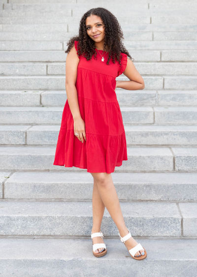 Red ruffle mini dress with cap sleeves