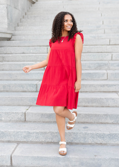 Cap sleeve red ruffle mini dress