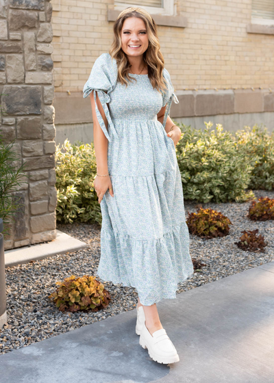 Short sleeve sage floral smocked dress