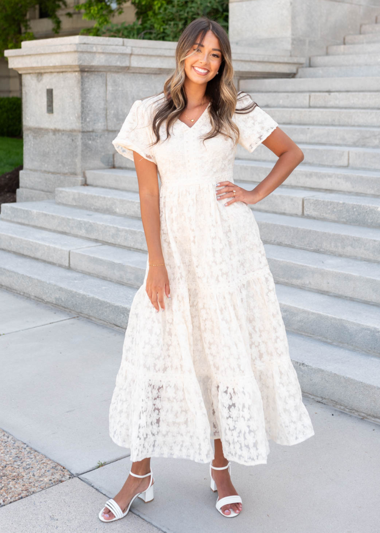 Cream floral lace dress with v-neck