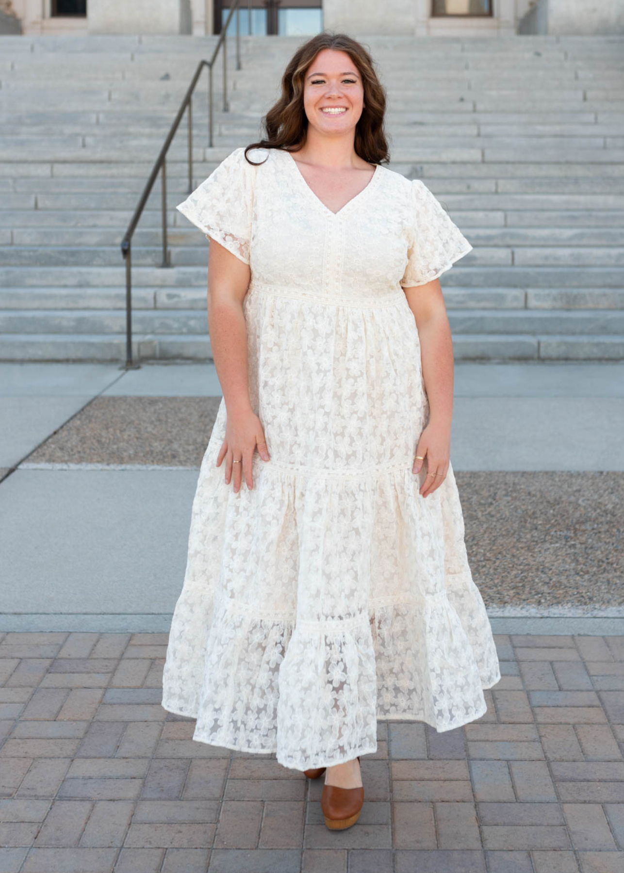 Plus size short sleeve cream floral lace dress