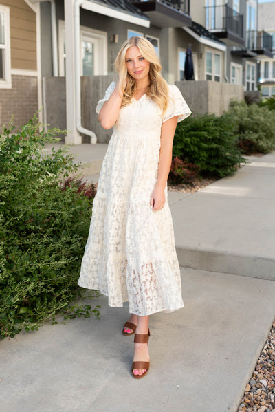 Short sleeve cream floral lace dress