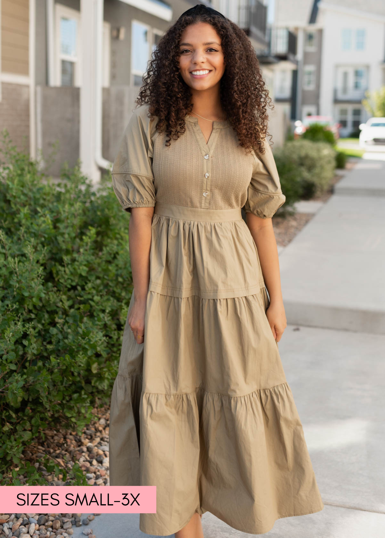 Button up bodice on the light olive poplin bodice dress