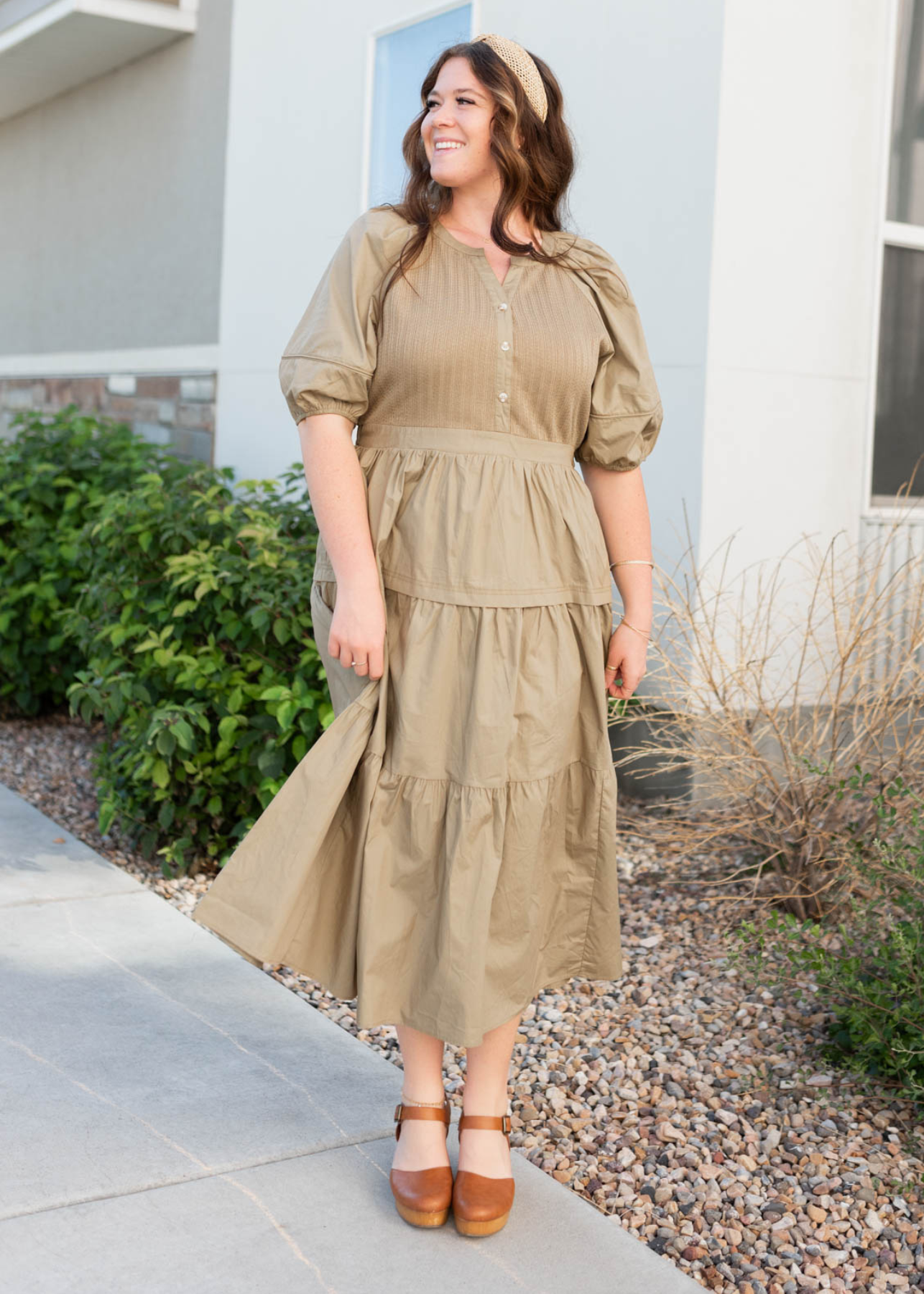 Short sleeve plus size light olive poplin bodice dress