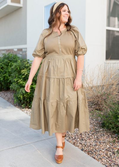 Plus size light olive poplin bodice dress