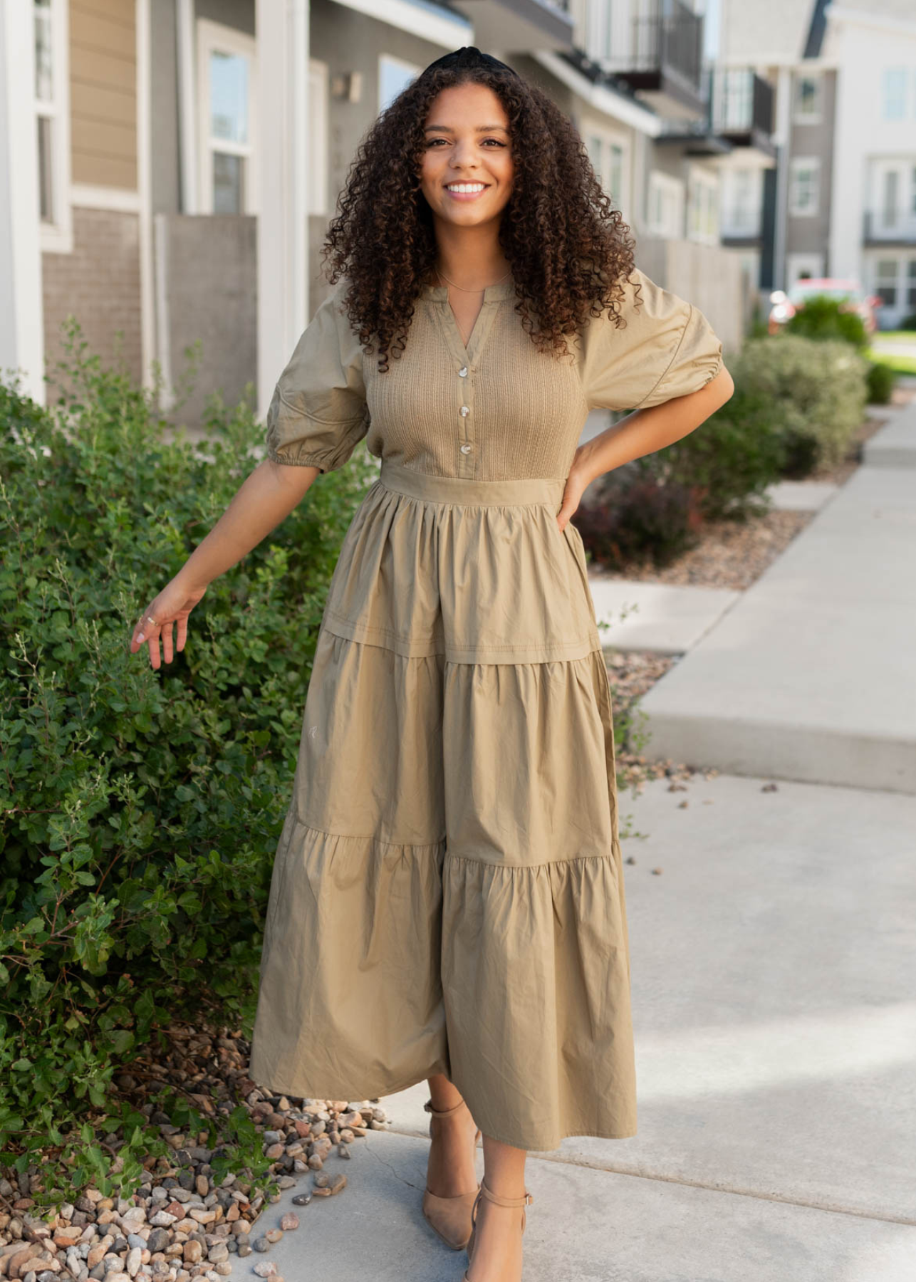 Light olive poplin bodice dress