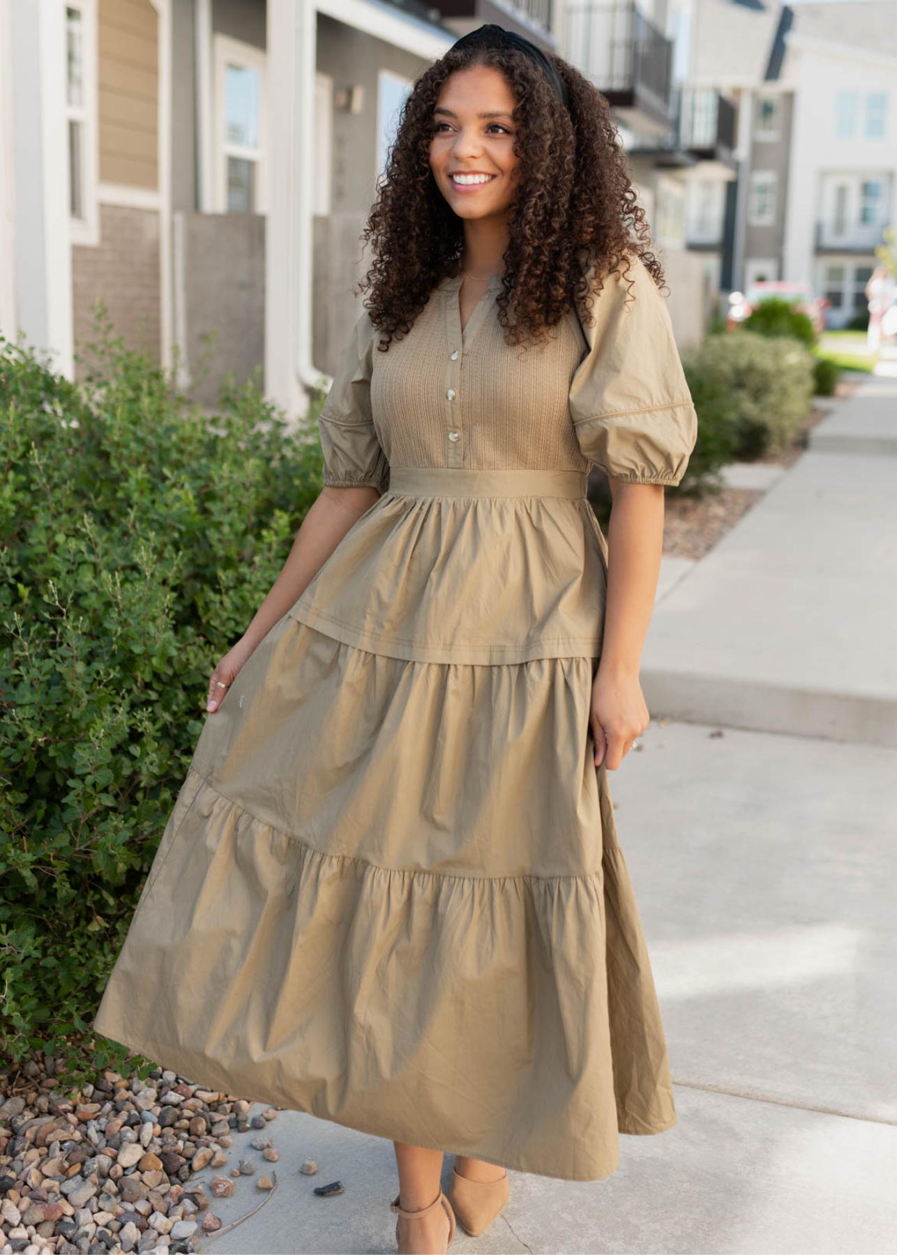 Light olive poplin bodice dress