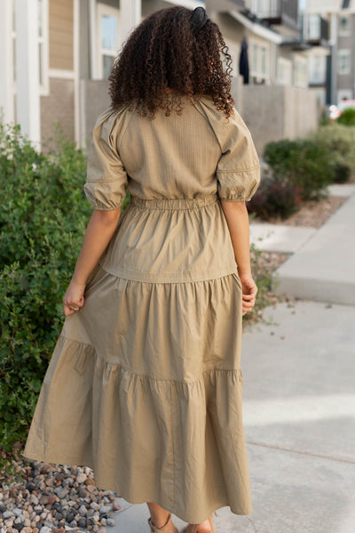 Back view of the light olive poplin bodice dress