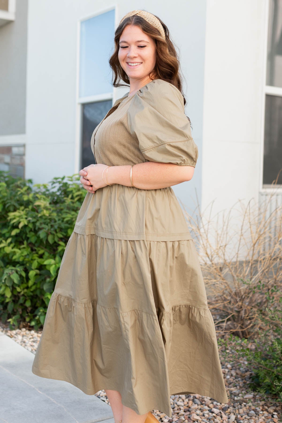 Side view of the light olvie poplin bodice dress in plus size