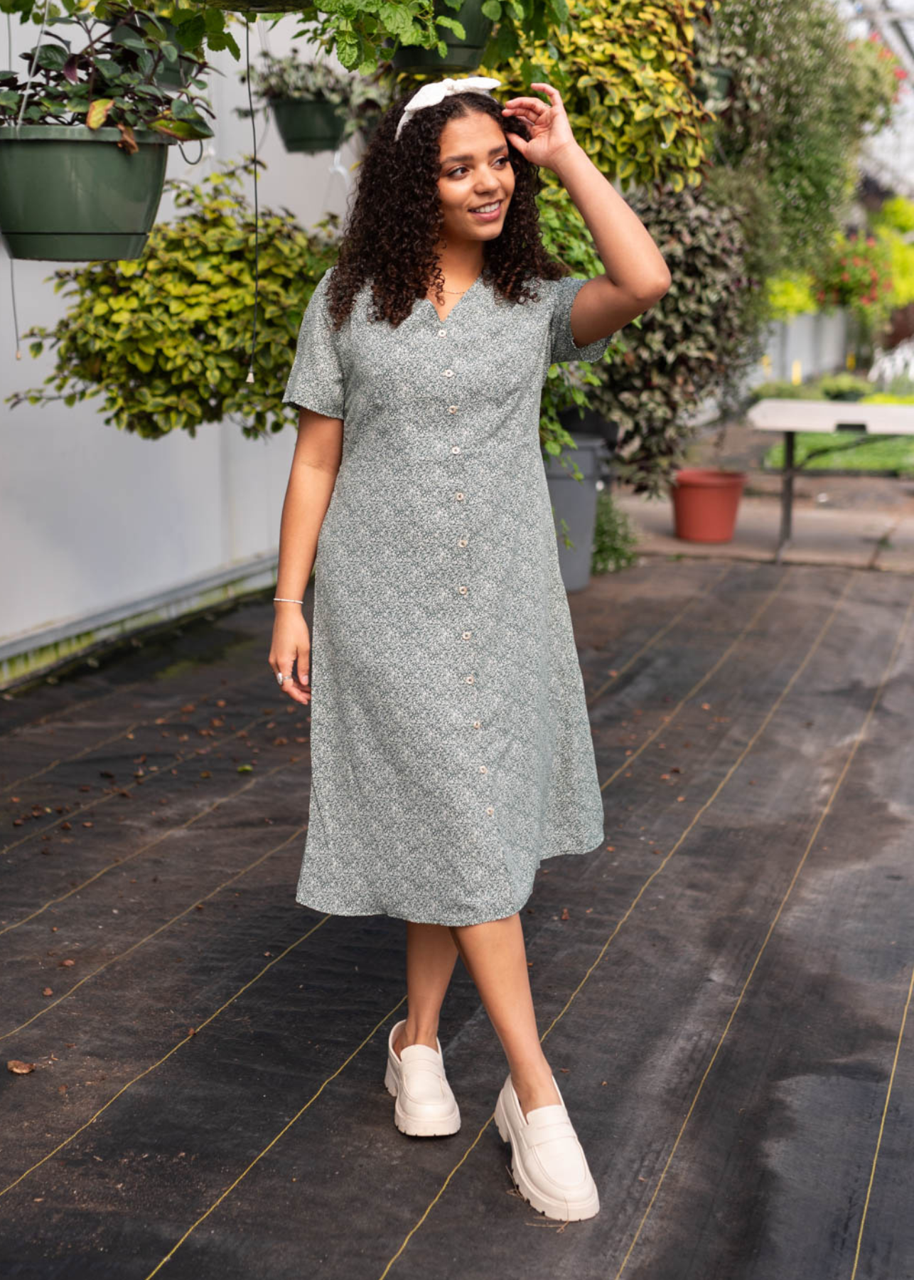 Deep green button down dress with short sleeves