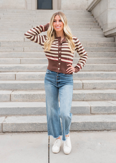 Stripe brown button down sweater