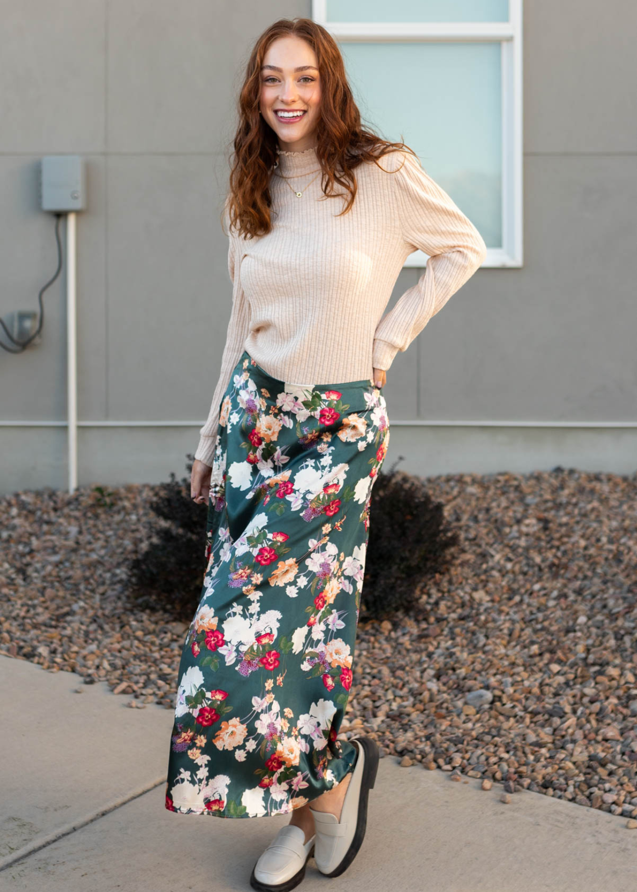 Teal, red and white satin floral skirt