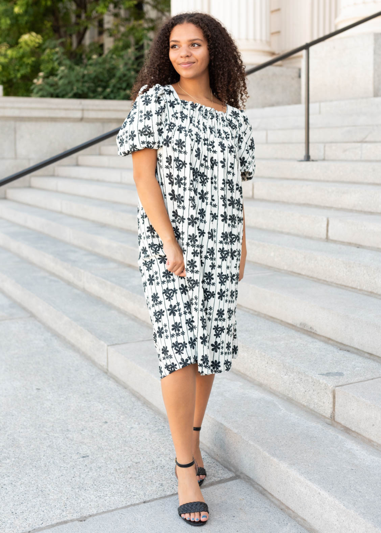 Cream black floral dress with short sleeves