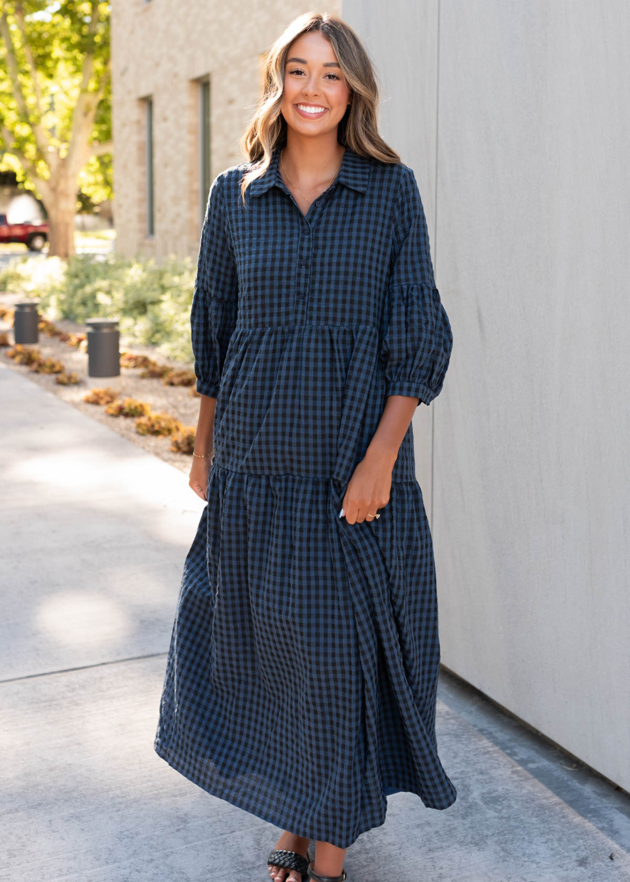 Button up bodice on the navy black gingham dress