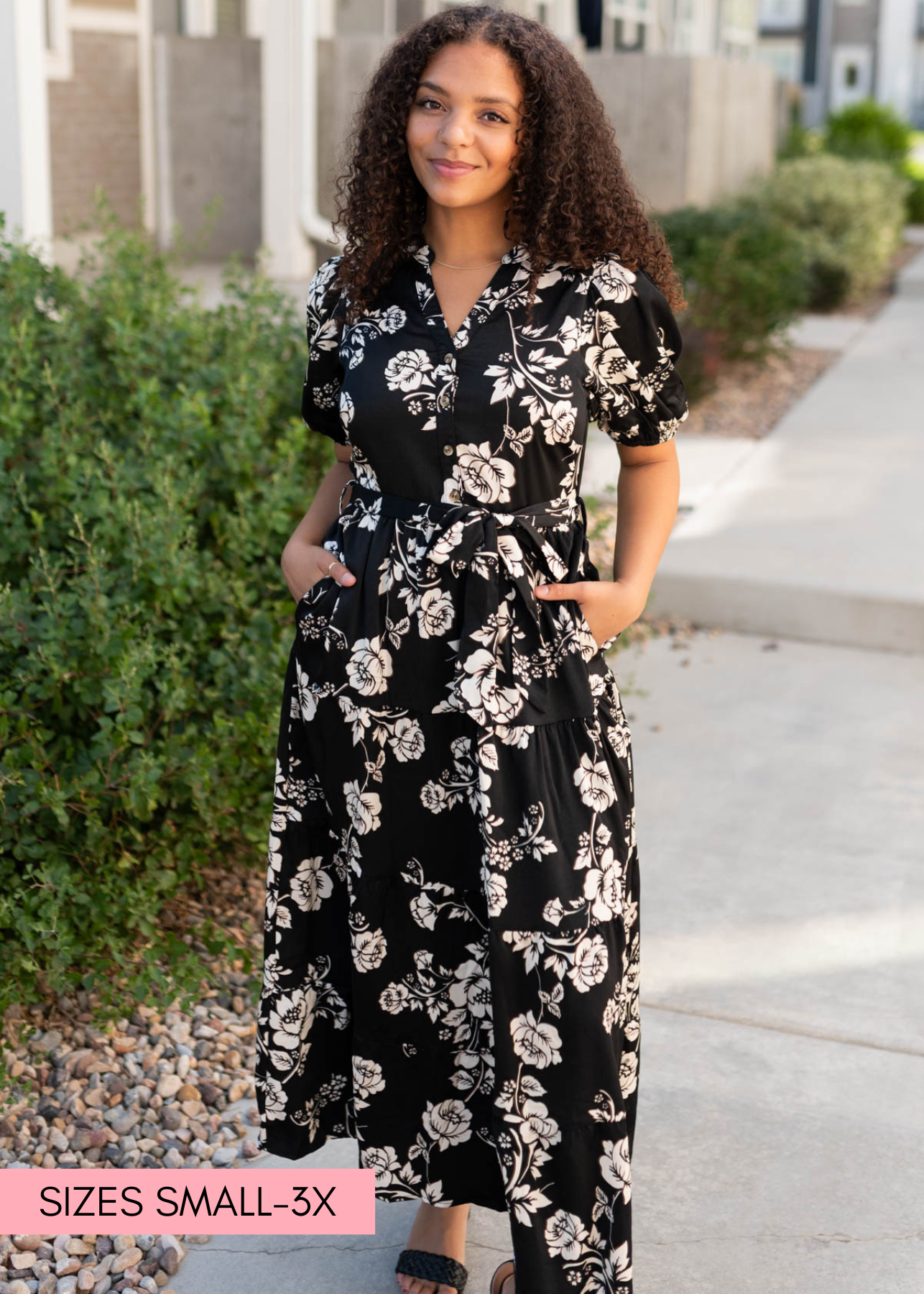 Black floral button tiered dress with short sleeves