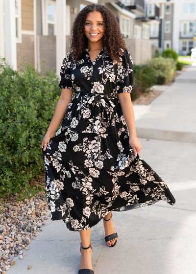 Short sleeve black floral button tiered dress