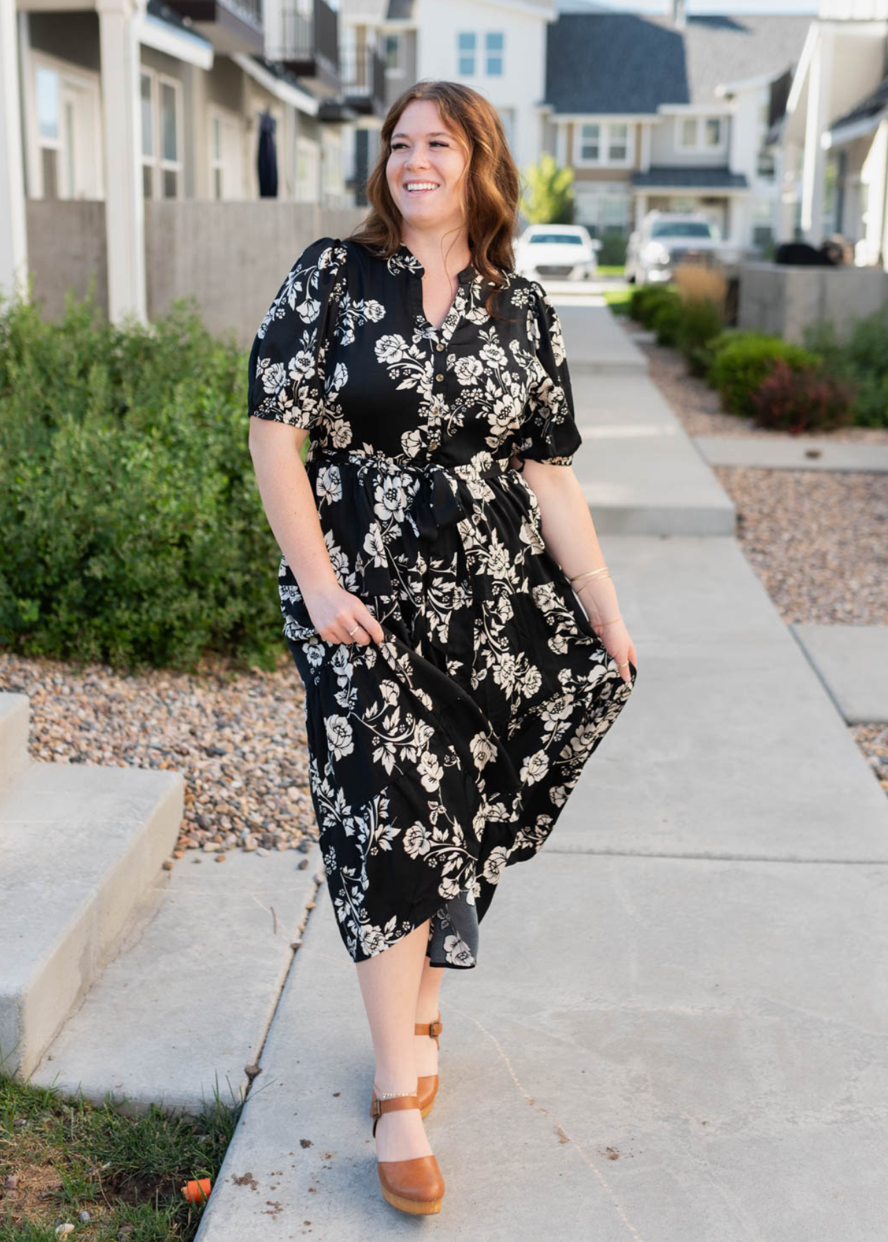 Plus size black floral button tiered dress