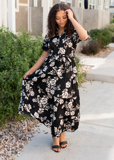 Black floral button tiered dress