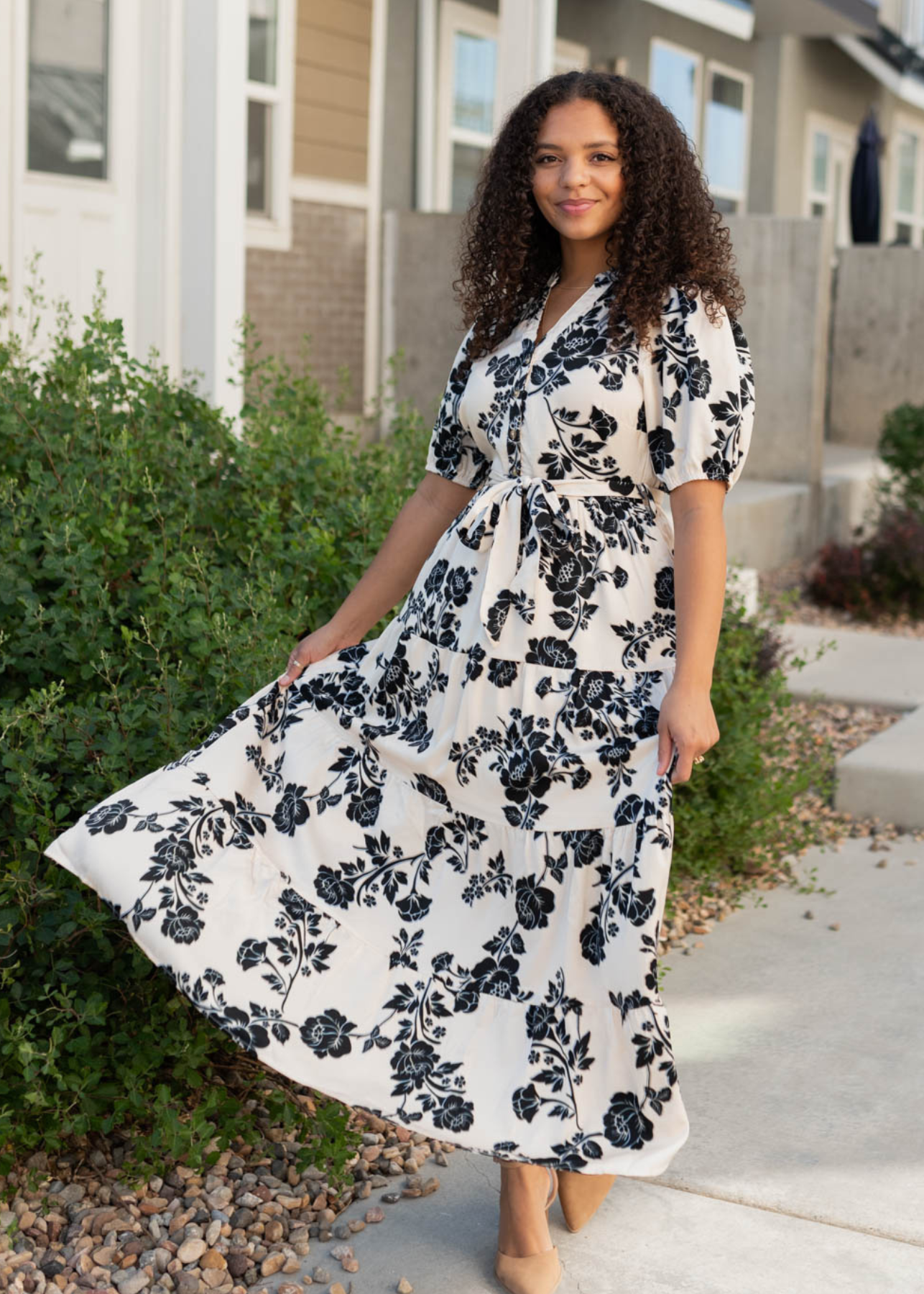 Short sleeve cream floral button tiered dress