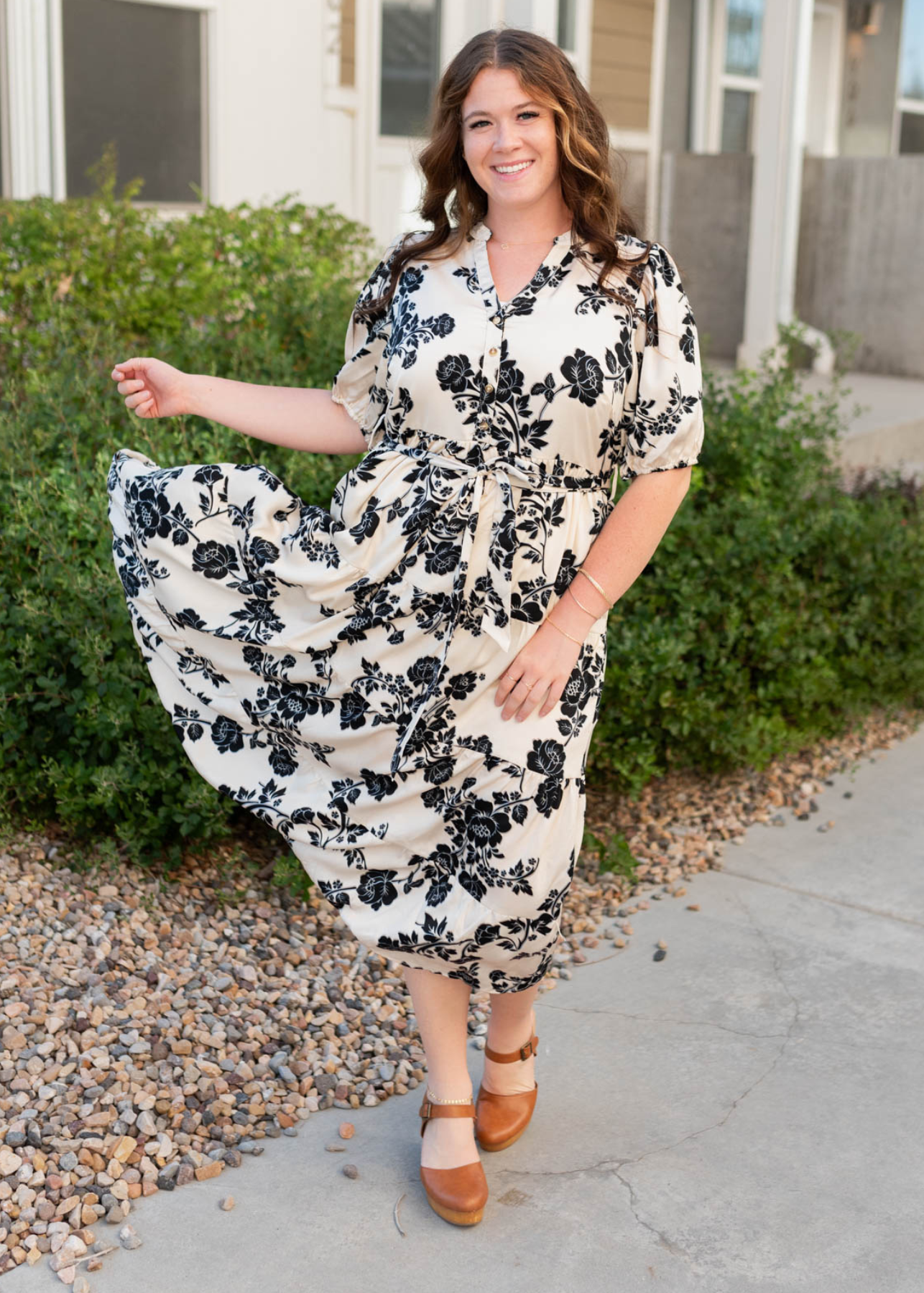 Plus size cream floral button tiered dress with tie at the waist